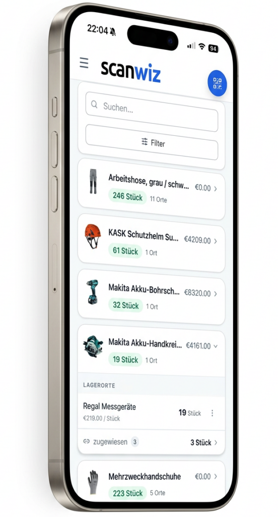 Scanwiz Mobile Screen Materialverwaltung