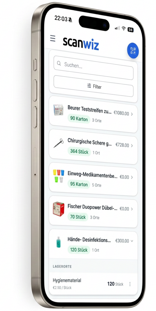 Scanwiz Mobile Screen Materialverwaltung Arztpraxis