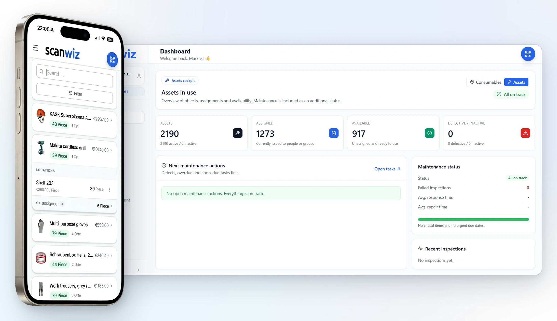 Scanwiz warehouse management software: dashboard on the computer and Scanwiz app on the smartphone