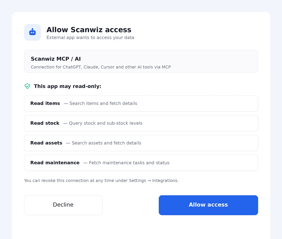 OAuth dialog: Scanwiz shows which permissions the assistant receives before connecting