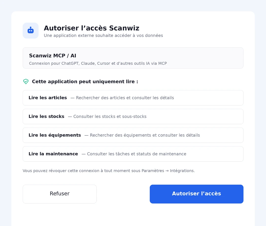 Dialogue OAuth : Scanwiz indique les droits accordés à l’assistant avant la connexion