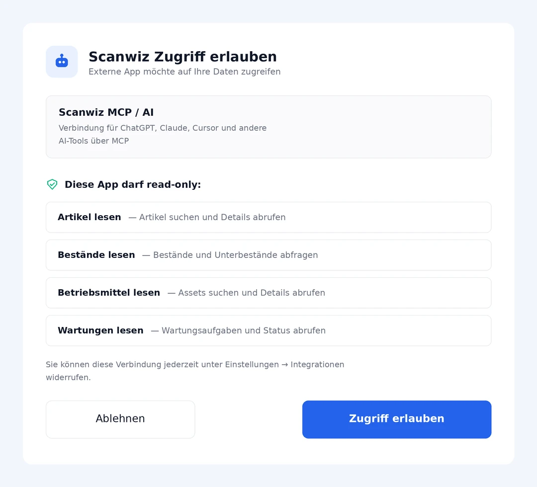 OAuth-Dialog: Scanwiz zeigt vor dem Verbinden, welche Rechte der Assistent erhält
