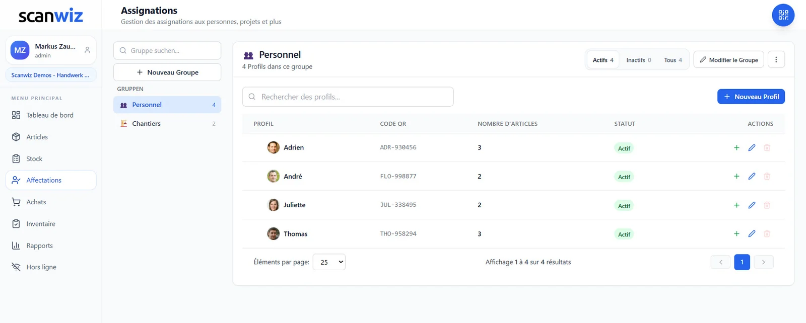 Affectations dans Scanwiz : groupes Personnel et Chantiers avec leurs profils, codes QR et nombre d’articles affectés
