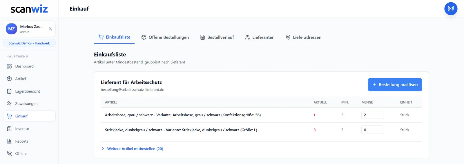 Einkaufsliste in Scanwiz: Artikel unter Mindestbestand nach Lieferant gruppiert, mit aktueller Menge, Minimum und Schaltfläche Bestellung auslösen