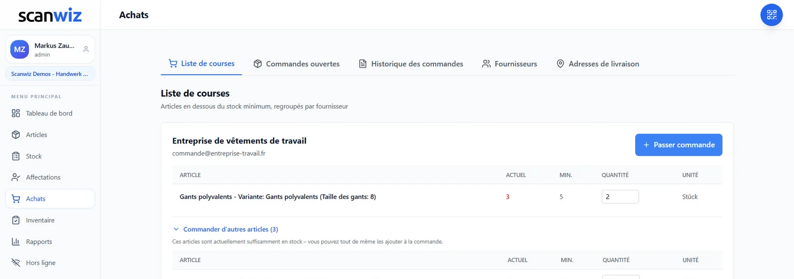 Liste de courses dans Scanwiz : articles sous le stock minimum regroupés par fournisseur, avec quantité actuelle, minimum et bouton Passer commande