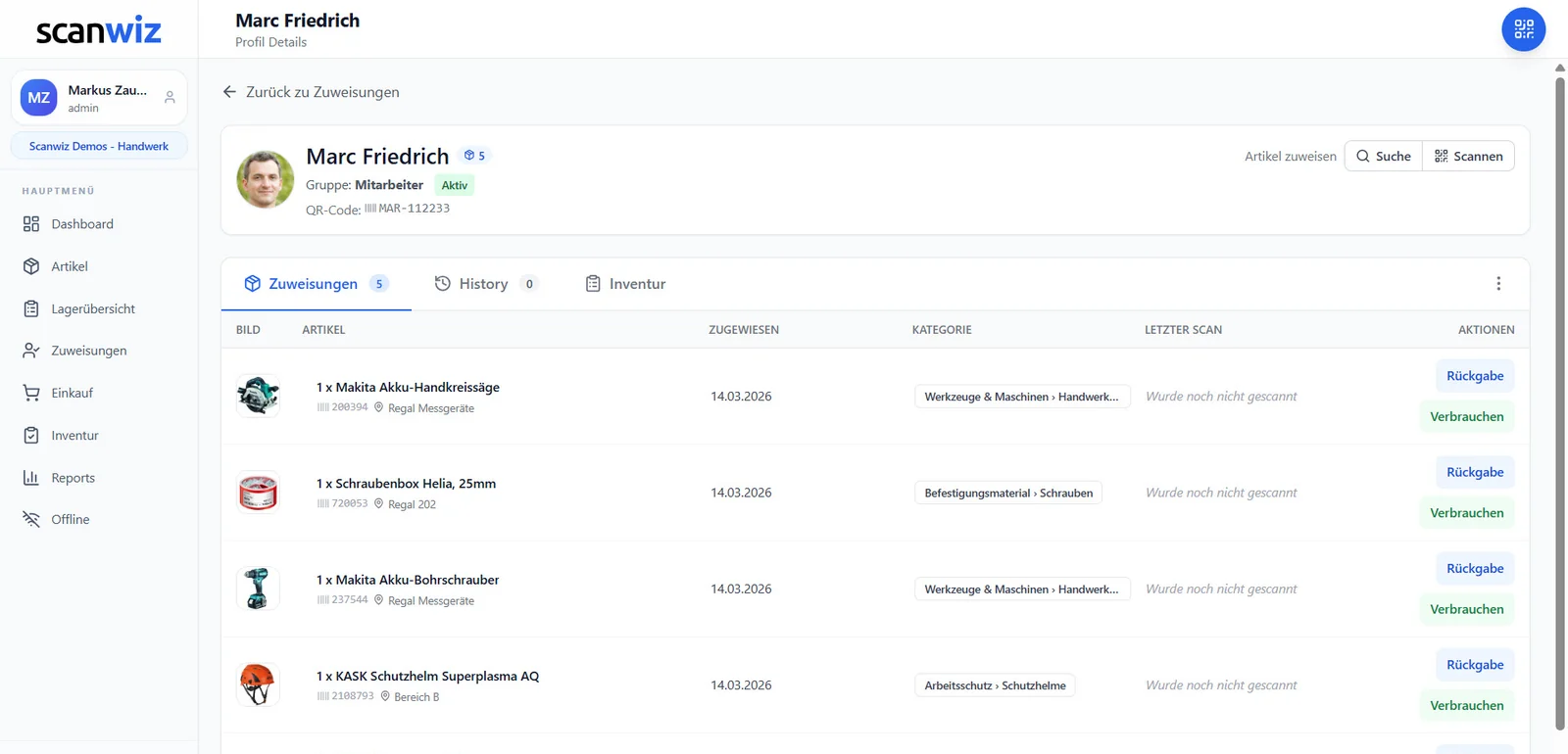 Profil eines Mitarbeiters in Scanwiz mit allen zugewiesenen Betriebsmitteln, Inventarnummer, Lagerort, Kategorie und den Schaltflächen Rückgabe und Verbrauchen