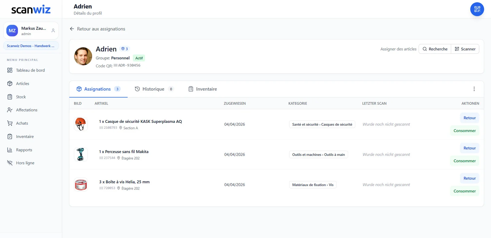 Profil d’un collaborateur dans Scanwiz avec tous les équipements affectés, numéro d’inventaire, emplacement, catégorie et les boutons Retour et Consommer