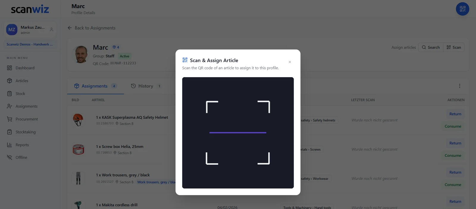 Scan and assign an article in Scanwiz: Marc’s profile with the scan window open to assign equipment via QR code