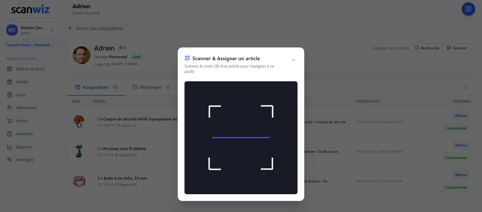 Scanner et assigner un article dans Scanwiz : profil d’Adrien avec la fenêtre de scan ouverte pour affecter un équipement par code QR