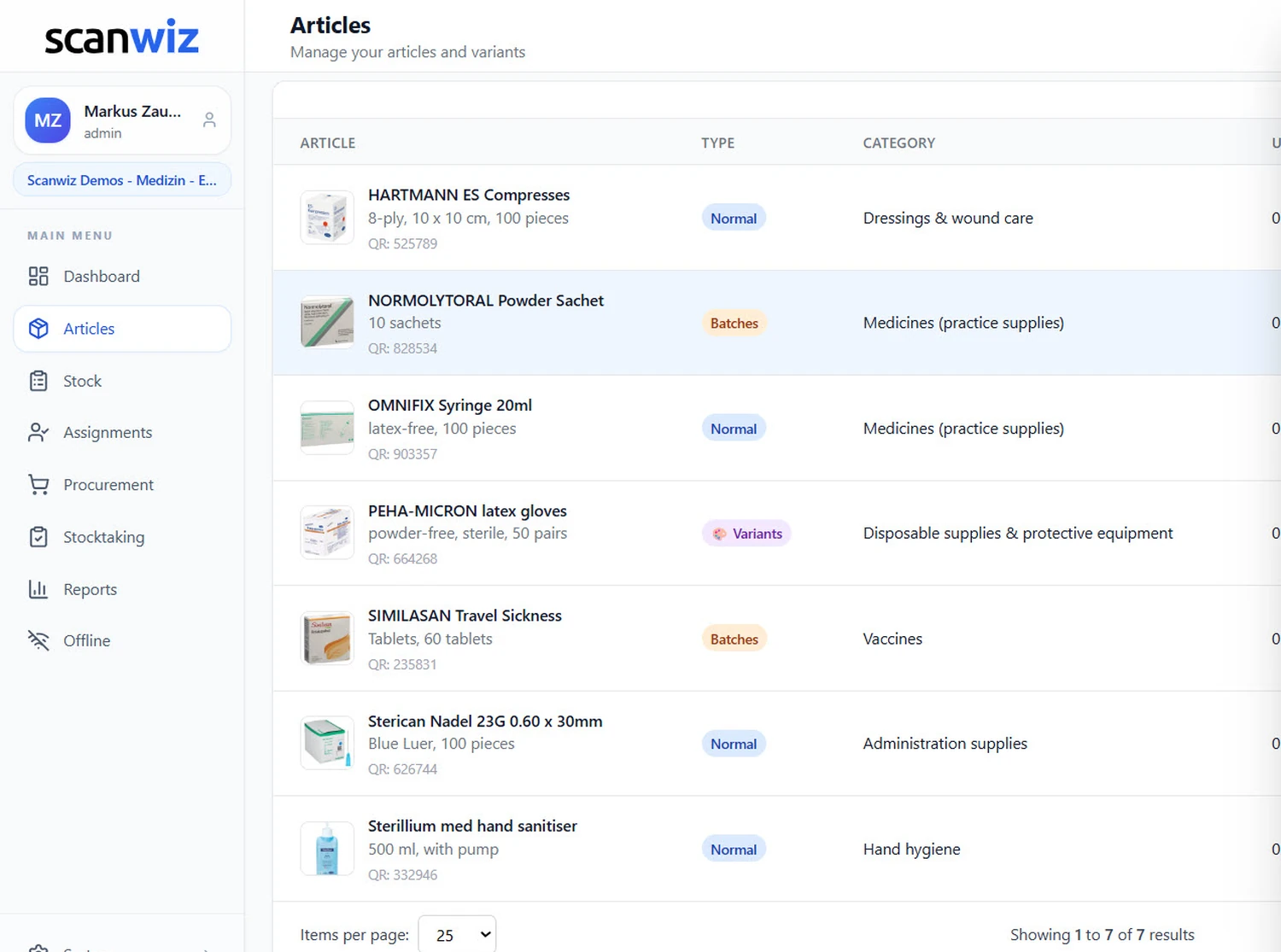 Article list in Scanwiz with the Type column: normal articles, batch articles and variant articles side by side, each with QR number and category