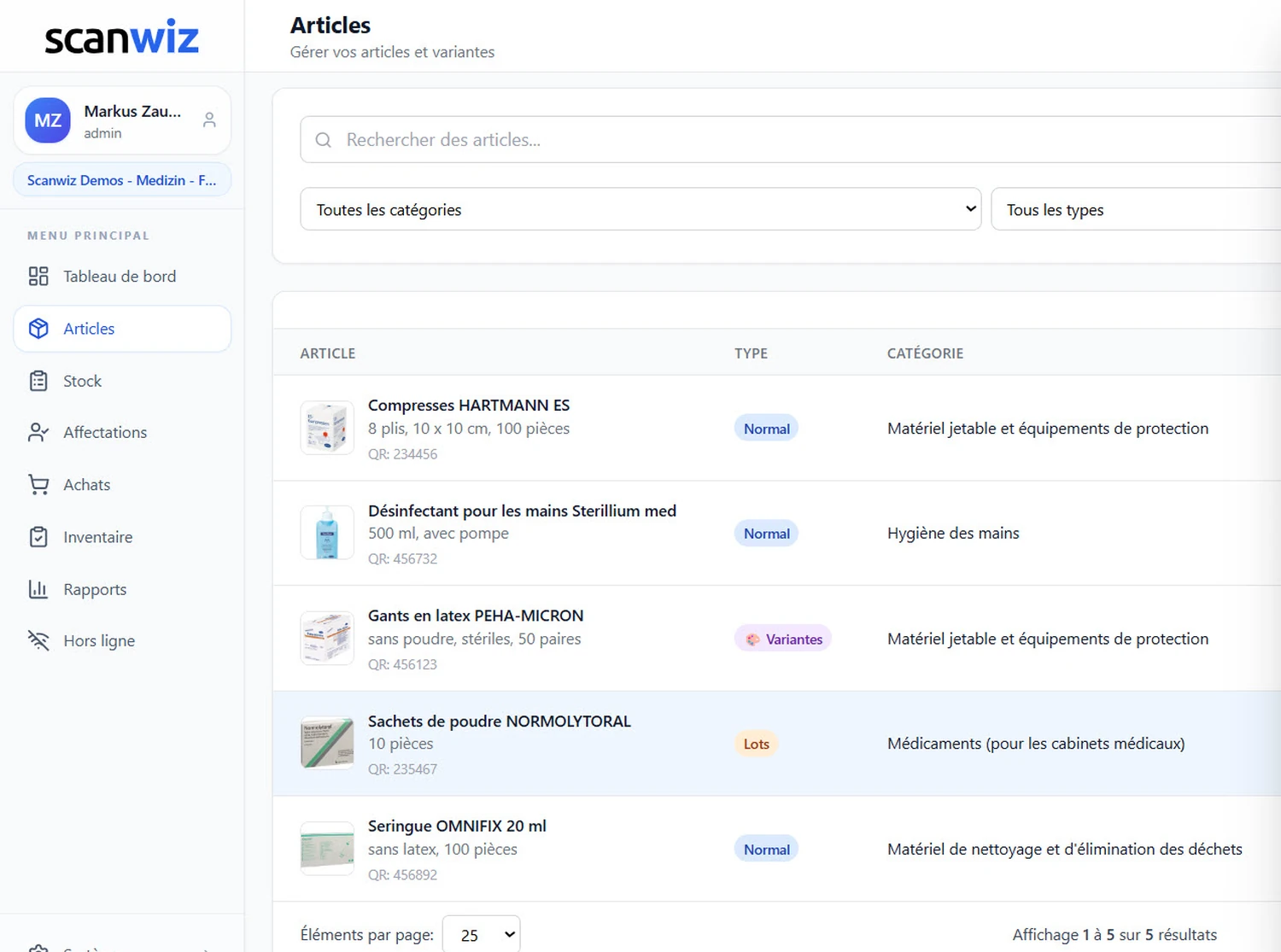 Liste des articles dans Scanwiz avec la colonne Type : articles normaux, articles en lot et articles à variantes côte à côte, chacun avec son numéro QR et sa catégorie