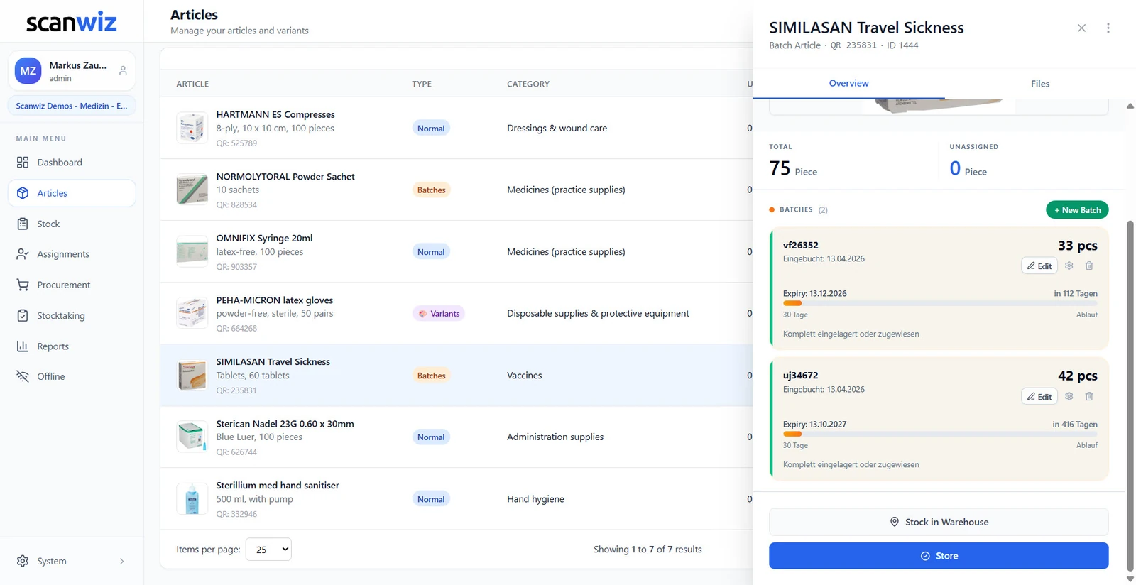 Batch list of an article in Scanwiz: batches with number, quantity, booking date, expiry date and remaining shelf life in days