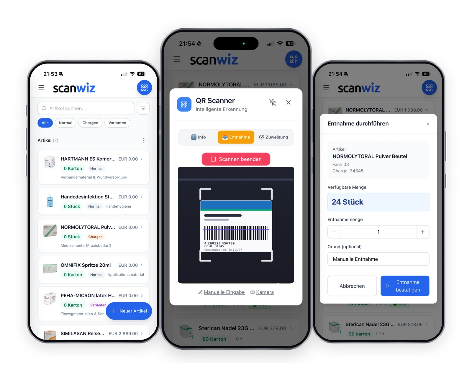 Chargenverwaltung auf dem Smartphone: Artikelliste mit Filter nach Normal, Chargen und Varianten, Scanner mit erkanntem Barcode auf einer Medikamentenpackung und der Entnahmedialog mit Chargennummer
