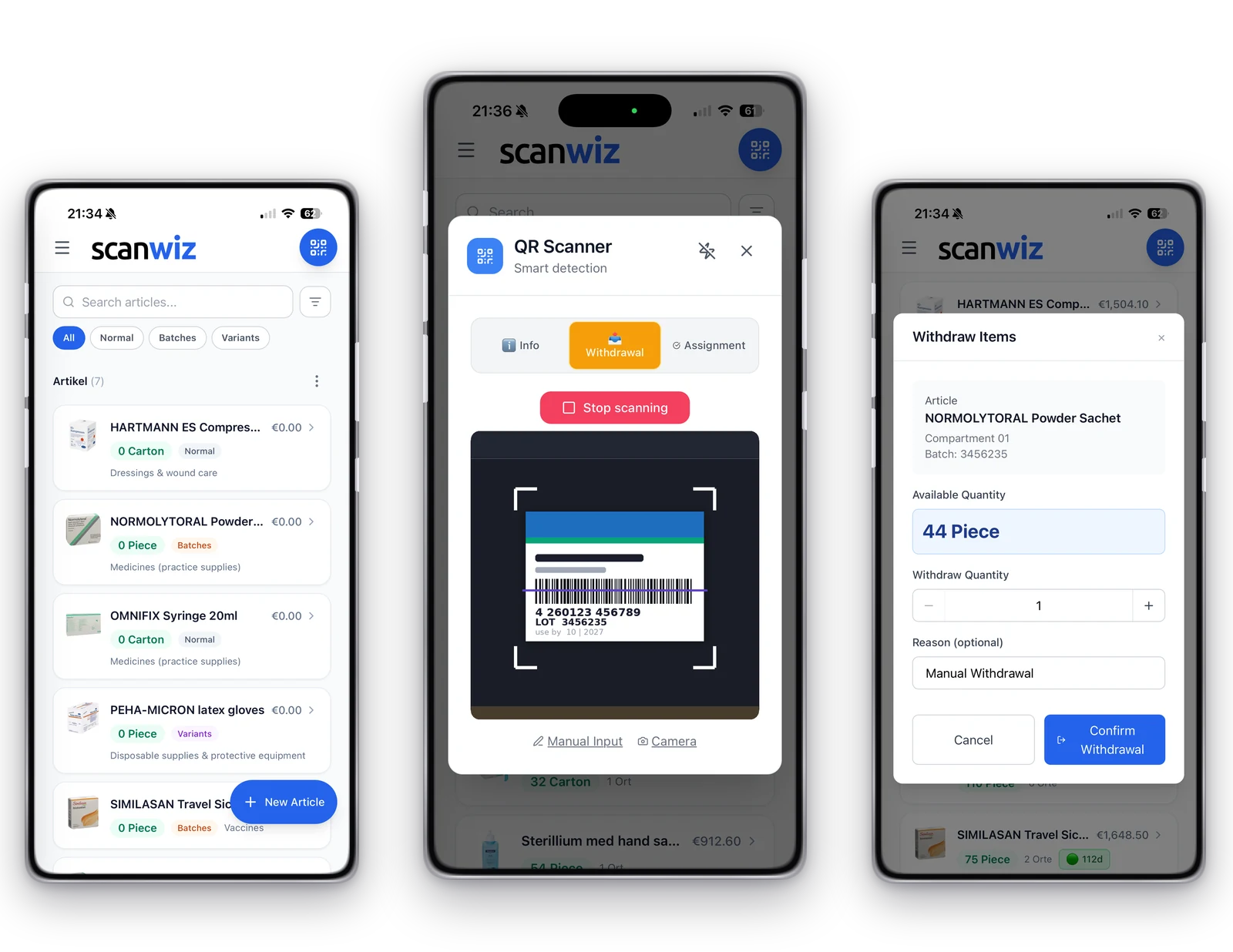 Batch management on a smartphone: article list filtered by Normal, Batches and Variants, scanner with a recognised barcode on a medicine pack, and the withdrawal dialog showing the batch number