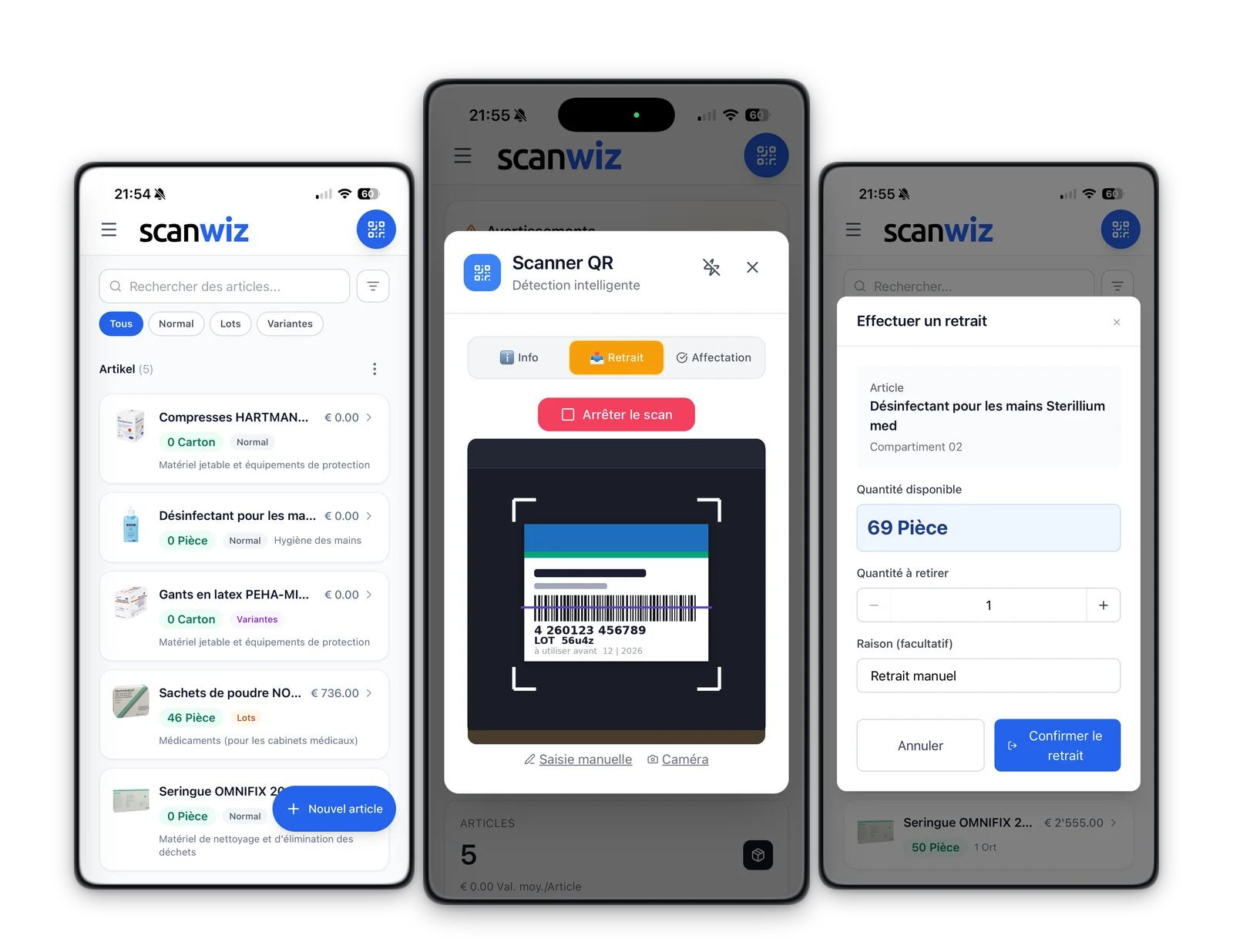 Gestion des lots sur smartphone : liste des articles filtrée par Normal, Lots et Variantes, scanner avec un code-barres reconnu sur une boîte de médicament, et la boîte de dialogue de retrait