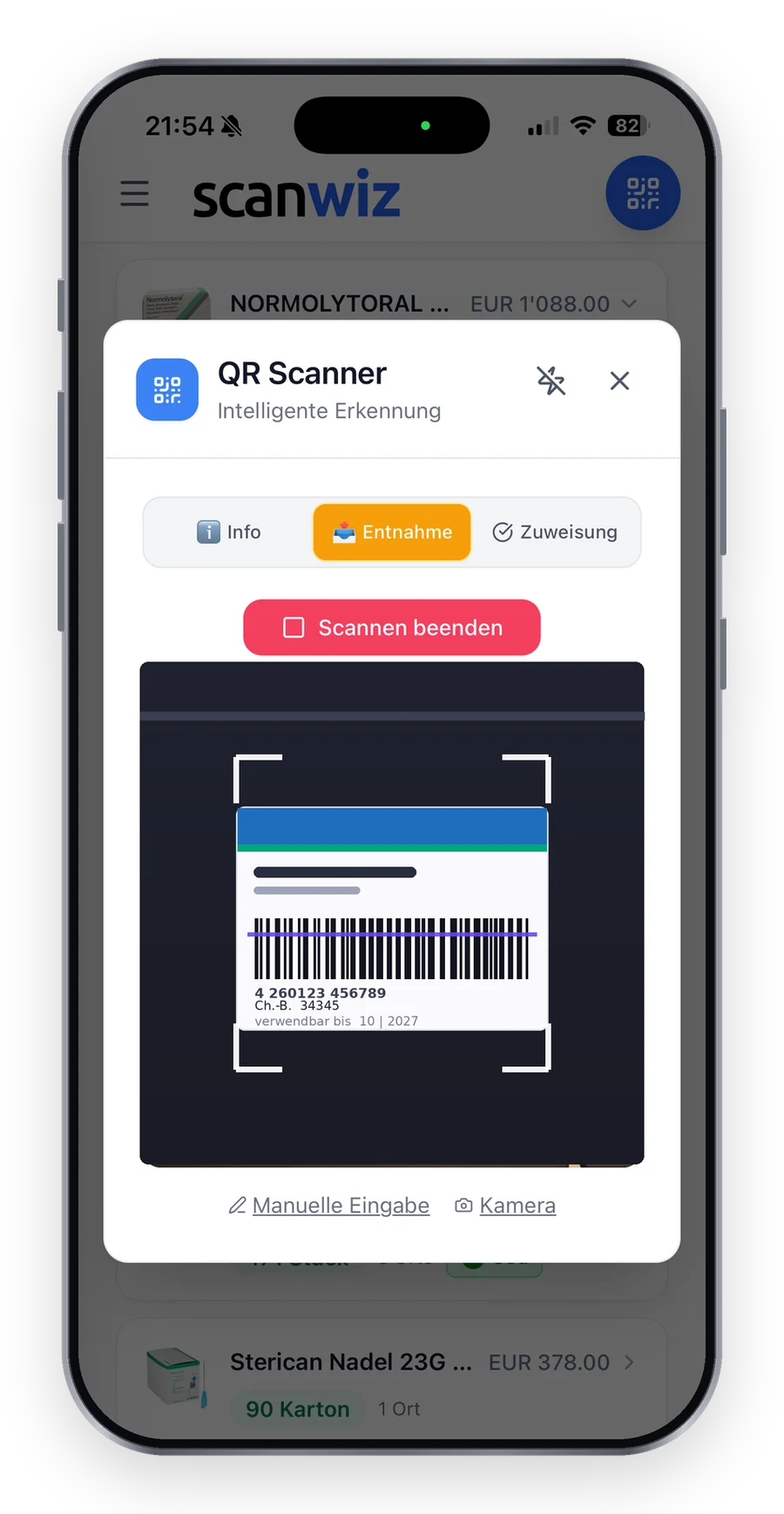 Scanner der Scanwiz App im Entnahmemodus: Barcode einer Medikamentenpackung mit Chargenbezeichnung und Verwendbarkeitsdatum im Sucherrahmen