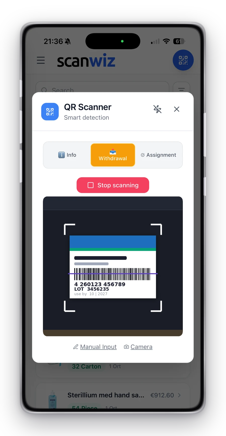 Scanner of the Scanwiz app in withdrawal mode: barcode of a medicine pack with lot number and use-by date inside the viewfinder