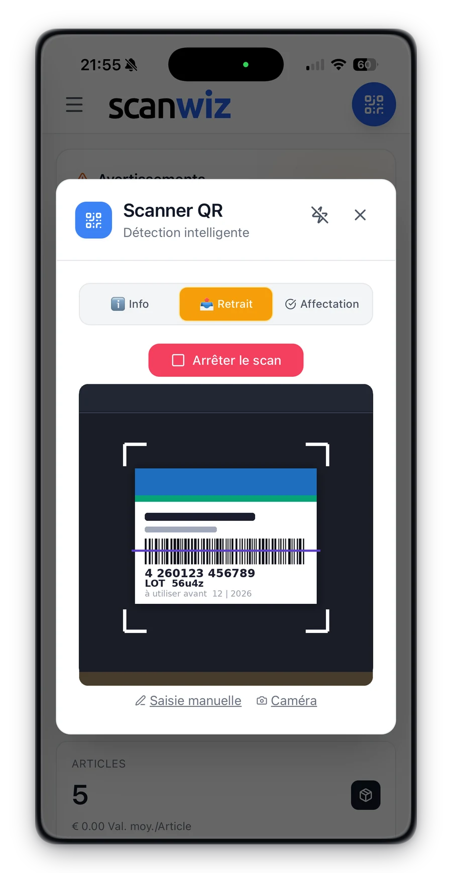 Scanner de l’application Scanwiz en mode retrait : code-barres d’une boîte de médicament avec numéro de lot et date limite d’utilisation dans le viseur