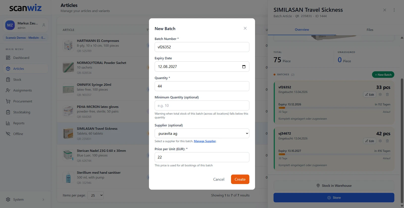 New Batch dialog in Scanwiz with batch number, expiry date, quantity, minimum quantity, supplier and price per unit