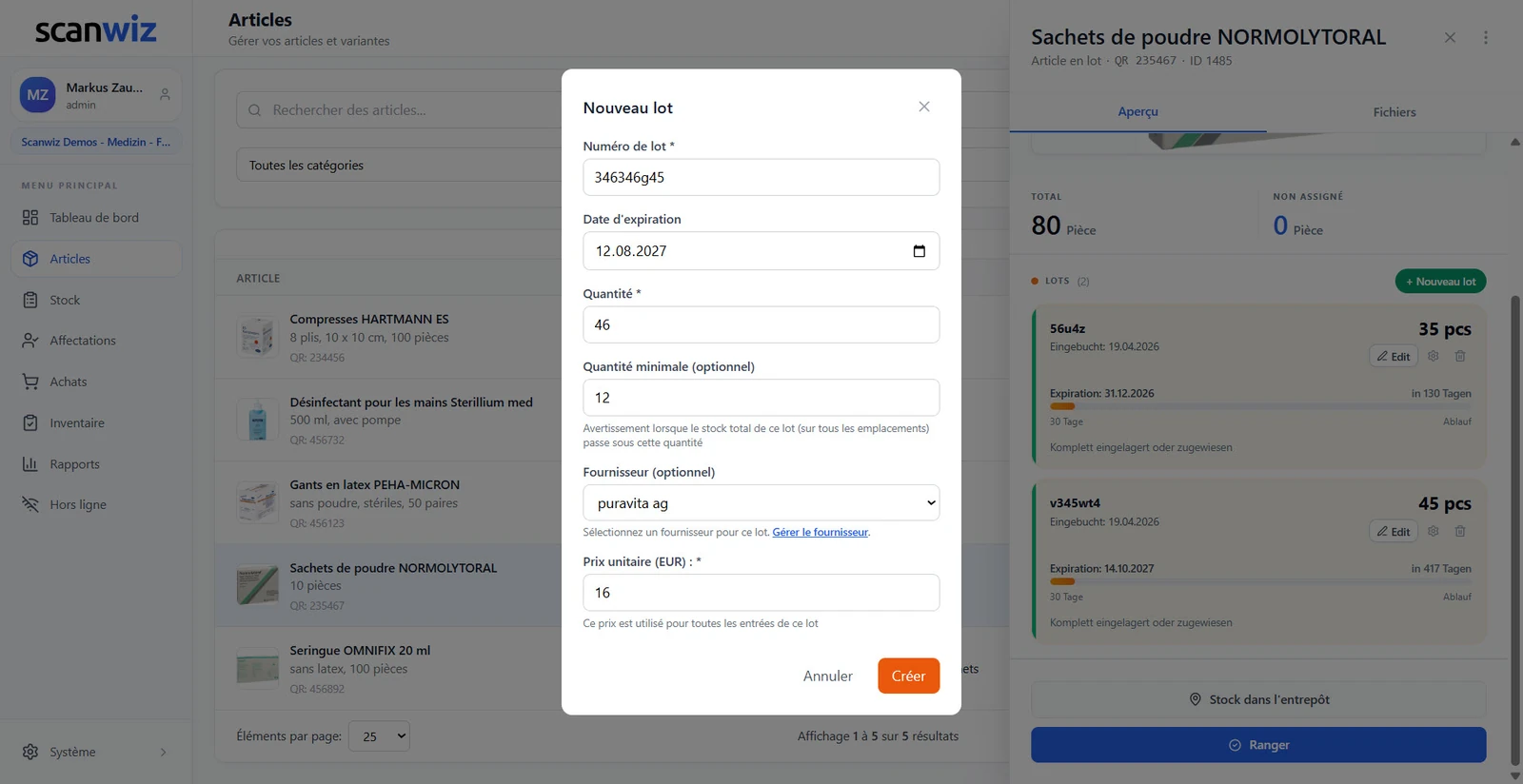 Boîte de dialogue Nouveau lot dans Scanwiz avec numéro de lot, date d’expiration, quantité, quantité minimale, fournisseur et prix unitaire