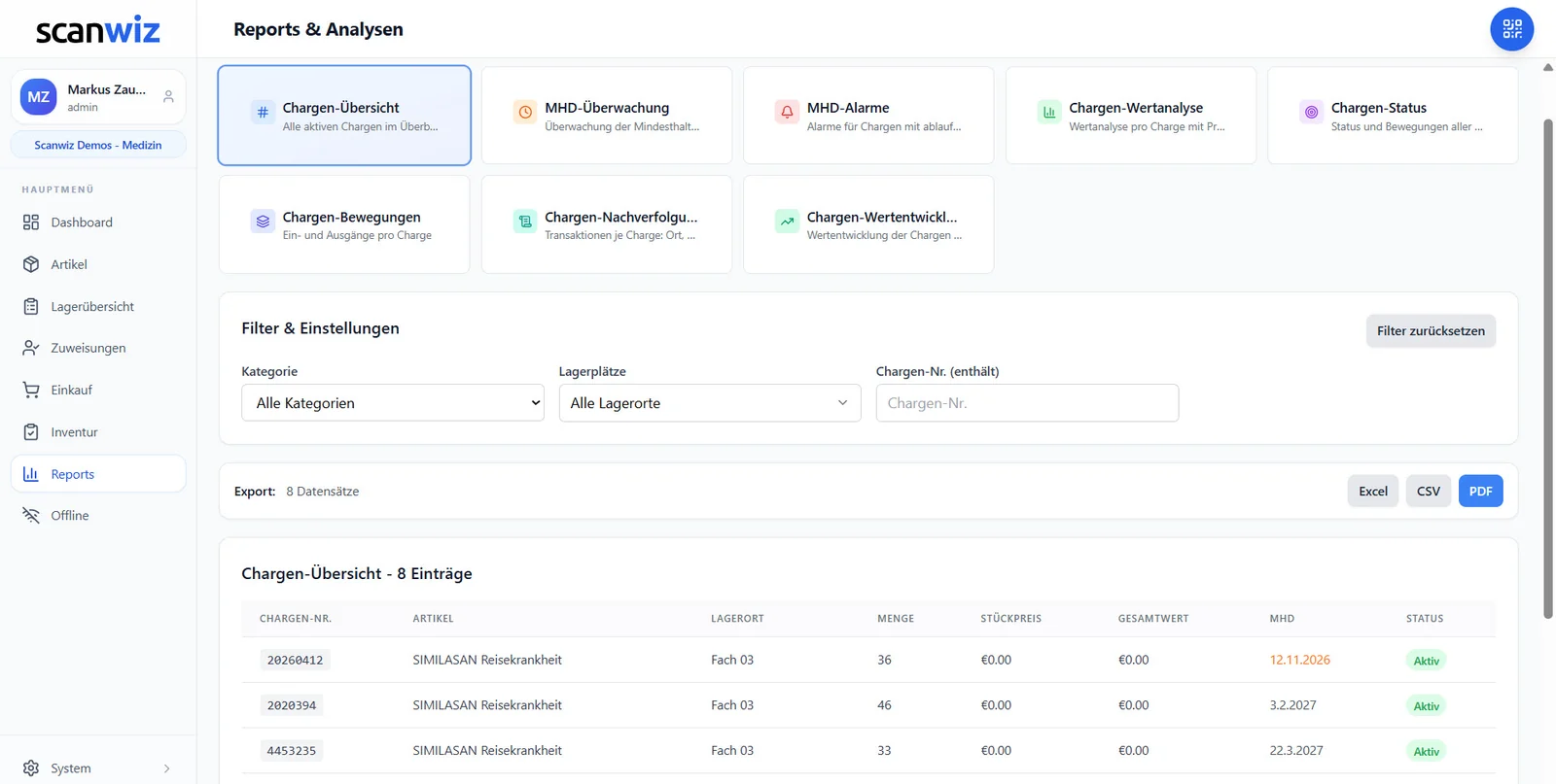 Reports und Analysen in Scanwiz: acht Chargen-Auswertungen zur Auswahl, dazu Filter nach Kategorie, Lagerplatz und Chargennummer sowie Export als Excel, CSV und PDF