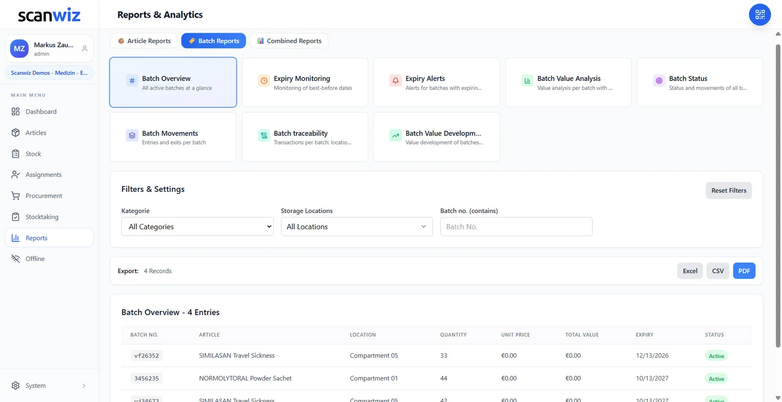 Reports and analytics in Scanwiz: eight batch reports to choose from, plus filters by category, storage location and batch number and export as Excel, CSV and PDF