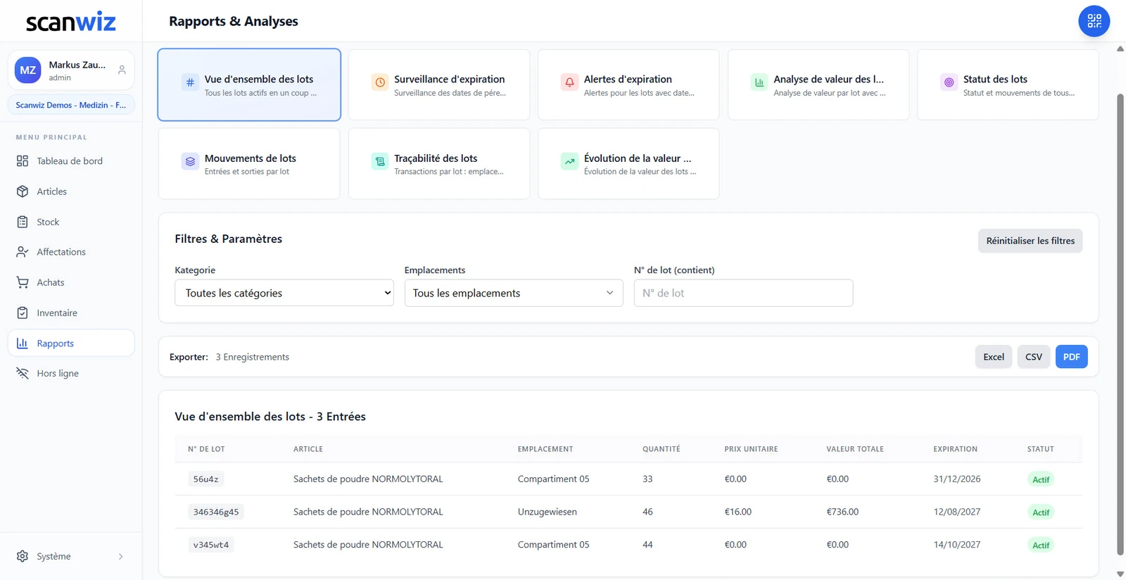 Rapports et analyses dans Scanwiz : huit rapports sur les lots au choix, avec filtres par catégorie, emplacement et numéro de lot ainsi qu’export en Excel, CSV et PDF