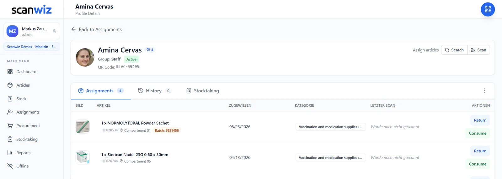 Assignment profile of an employee in Scanwiz: assigned articles with storage location and the batch number highlighted in orange