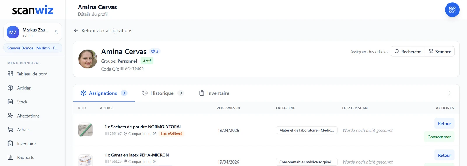 Profil d’affectation d’une collaboratrice dans Scanwiz : articles affectés avec leur emplacement et le numéro de lot mis en évidence en orange