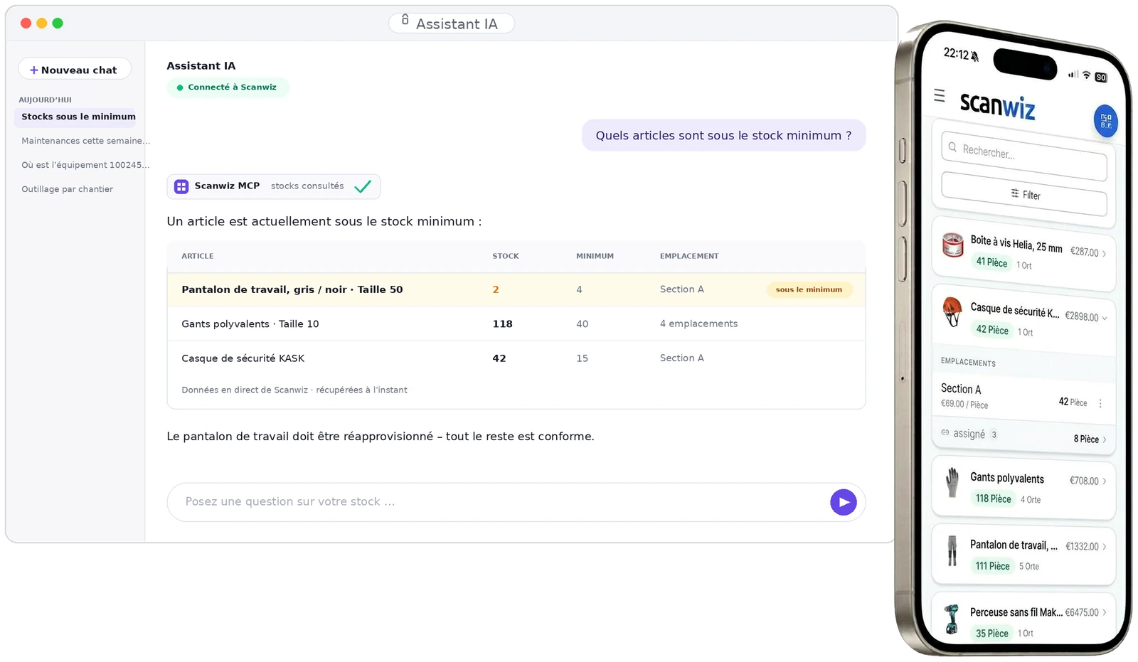 Gestion de stock IA avec Scanwiz : l'assistant répond à une question sur les stocks minimum, à côté de l'application Scanwiz