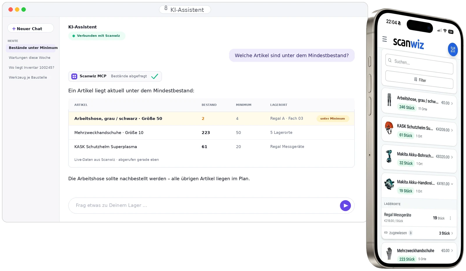 KI Lagerverwaltung mit Scanwiz: Assistent beantwortet eine Frage zu Mindestbeständen, daneben die Scanwiz-App