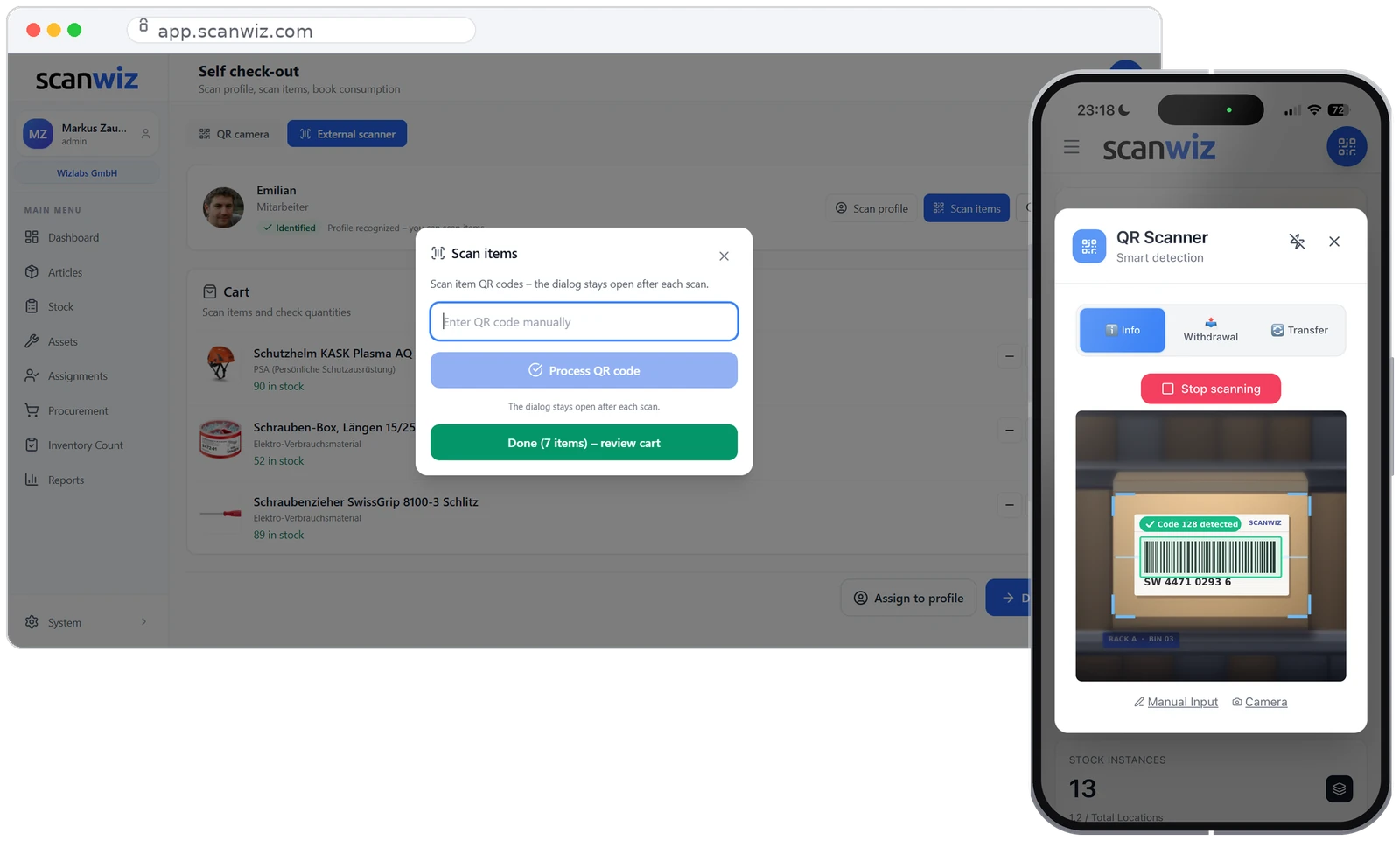 Scanwiz barcode scanner on desktop and iPhone: scanning a label on a warehouse rack
