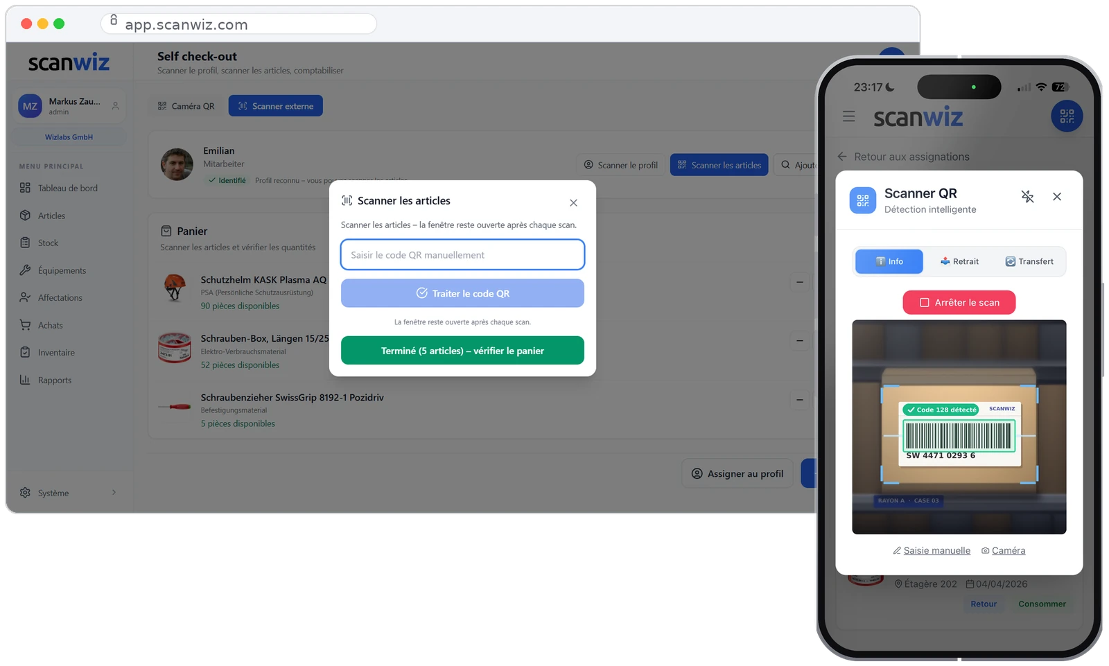 Scanner de codes-barres Scanwiz sur ordinateur et iPhone : scan d’une étiquette sur un rayonnage