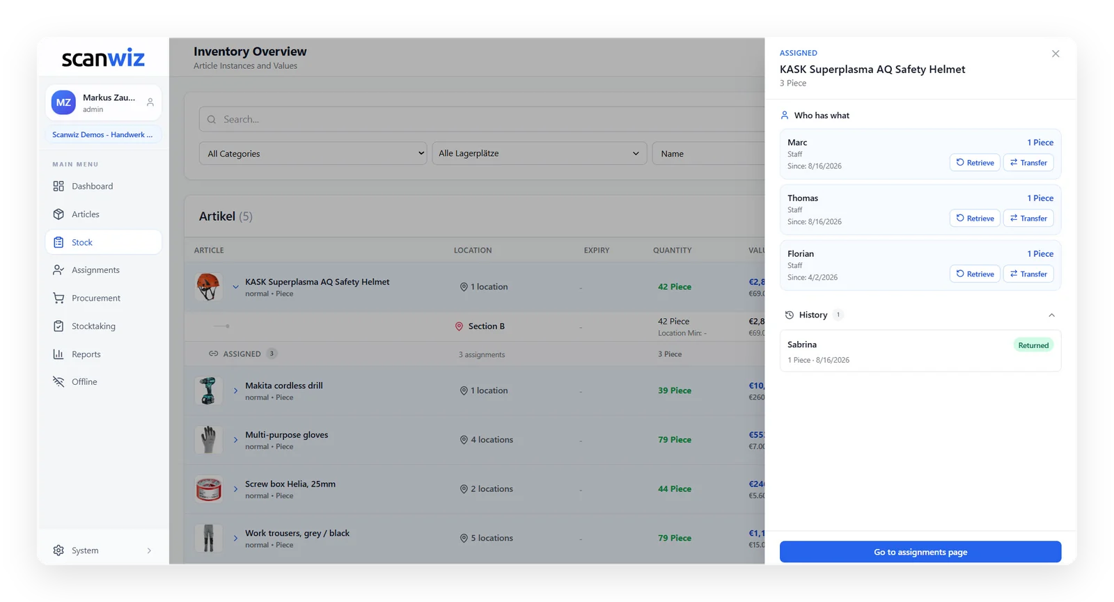 Equipment management in Scanwiz: inventory overview with equipment and the open “Who has what” panel listing the people a safety helmet is assigned to