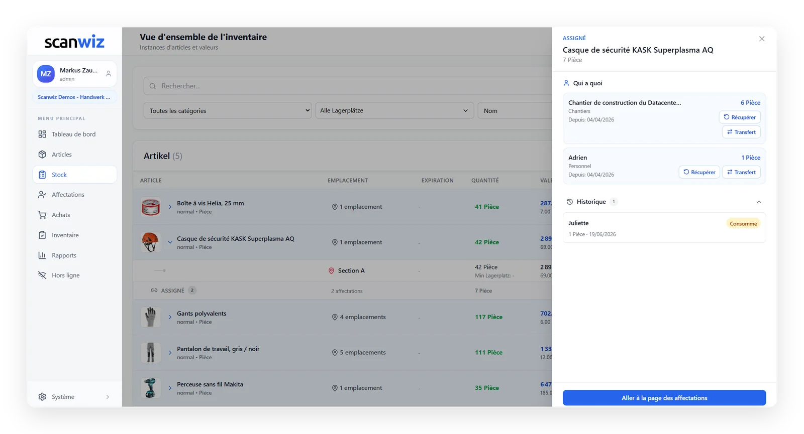 Gestion des équipements dans Scanwiz : vue d’ensemble de l’inventaire et panneau « Qui a quoi » ouvert, listant les affectations d’un casque de sécurité