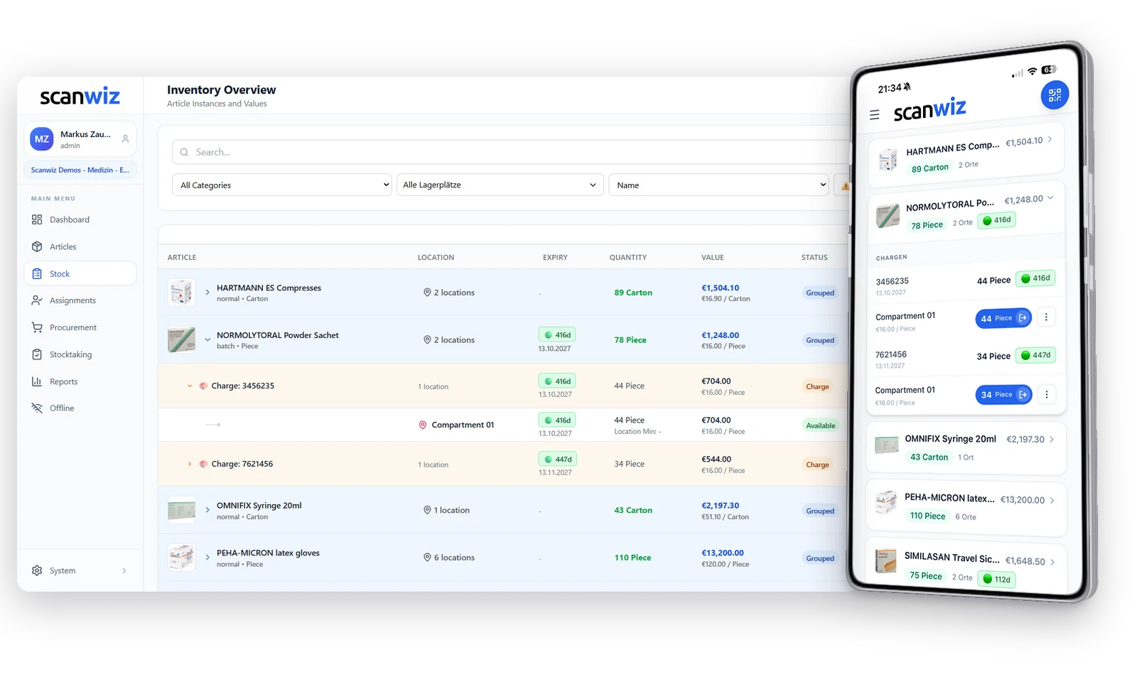 Batch management in Scanwiz: stock overview with expanded batches, expiry date and value per batch, next to the same batch view on a smartphone