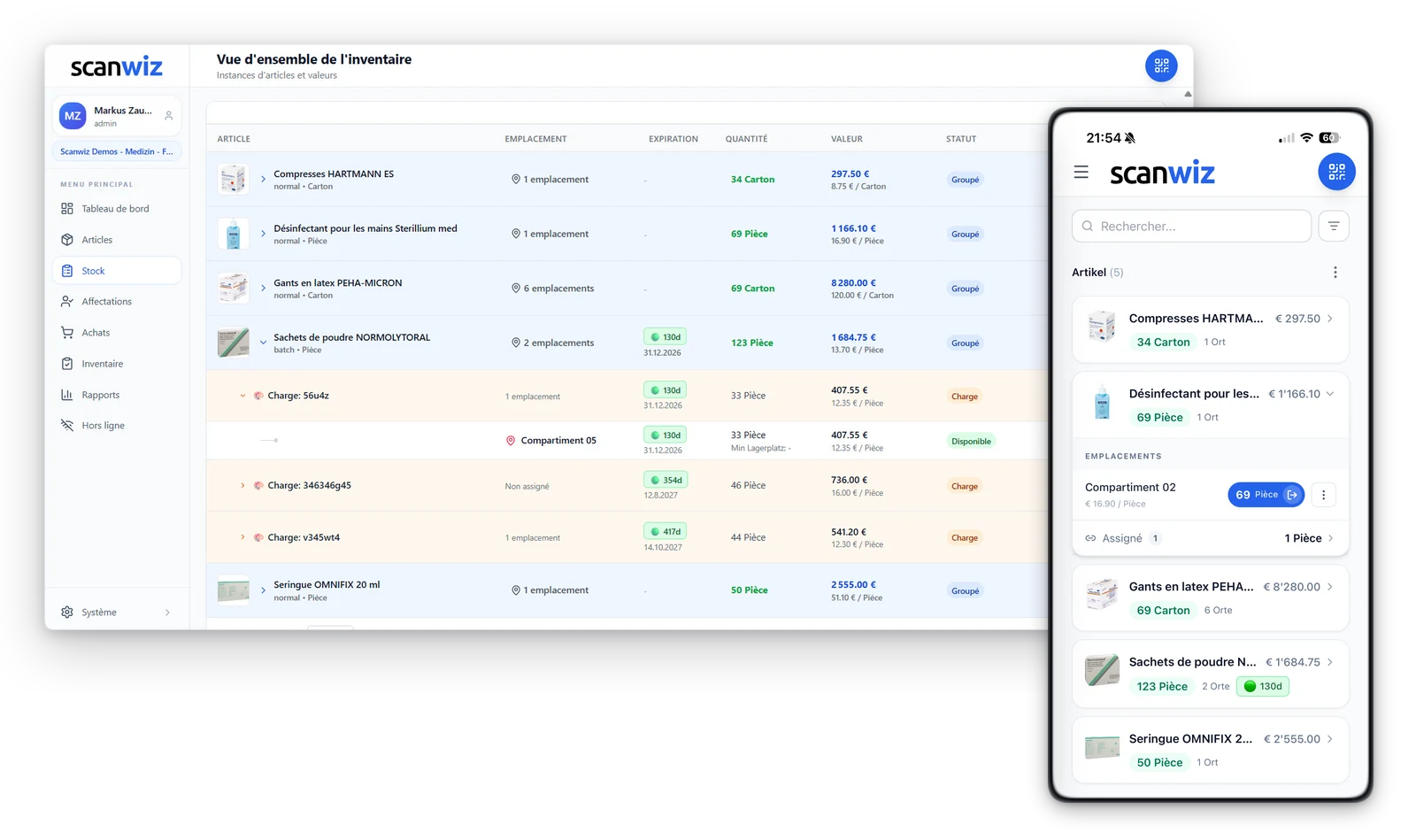 Gestion des lots dans Scanwiz : vue d’ensemble de l’inventaire avec les lots dépliés, la date d’expiration et la valeur par lot, à côté de la même vue sur smartphone