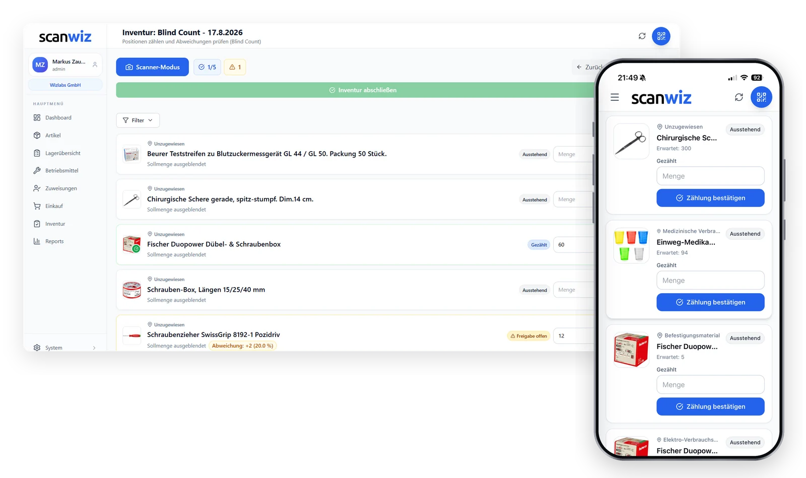 Inventur in Scanwiz: Blind Count am Desktop mit ausgeblendeter Sollmenge und erkannter Abweichung, daneben die Zählansicht auf dem Smartphone