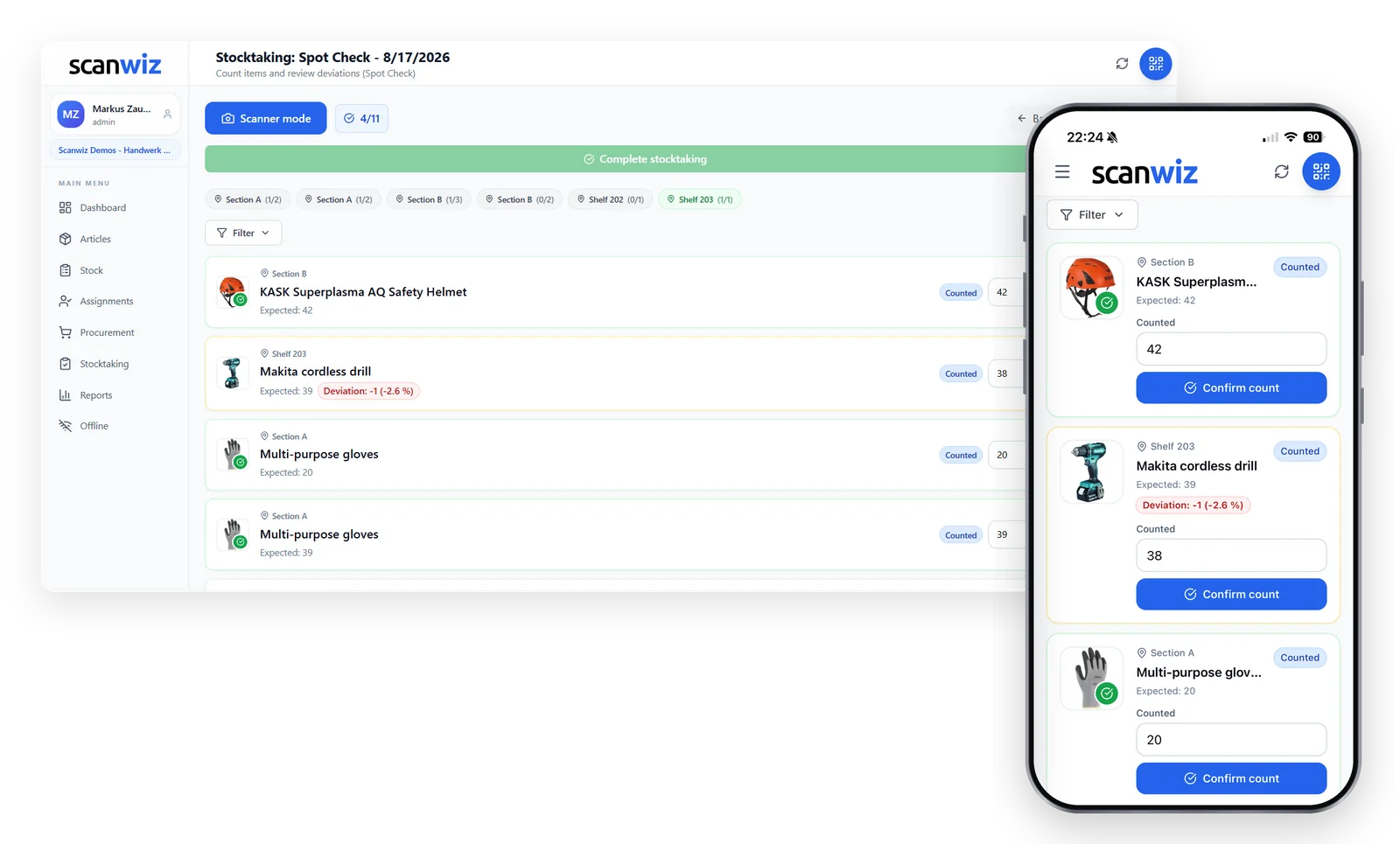 Stocktaking in Scanwiz: the counting view on the desktop with expected quantities and a flagged deviation, next to the counting list on a smartphone