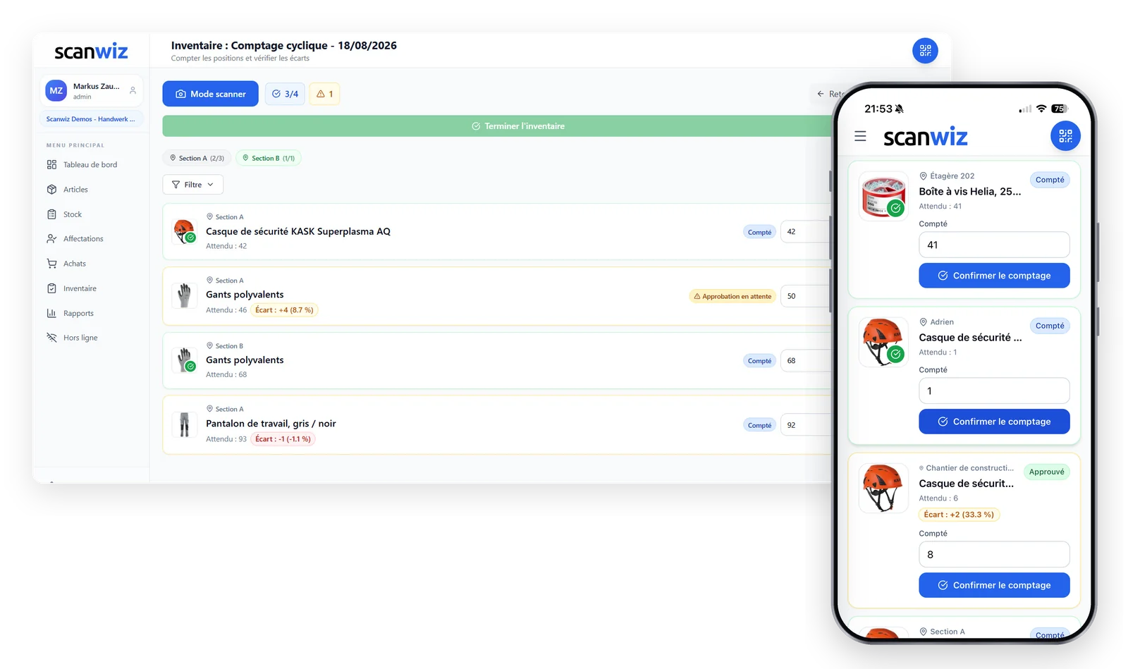 Inventaire dans Scanwiz : la vue de comptage sur le poste de travail avec quantités attendues et un écart signalé, à côté de la liste de comptage sur smartphone