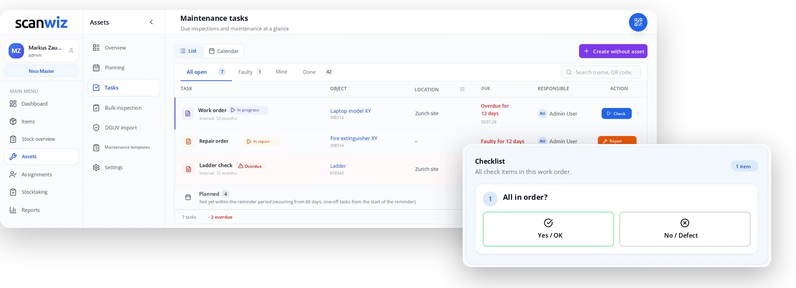 Scanwiz maintenance software: due inspections and maintenance tasks at a glance, next to the inspection checklist on a smartphone