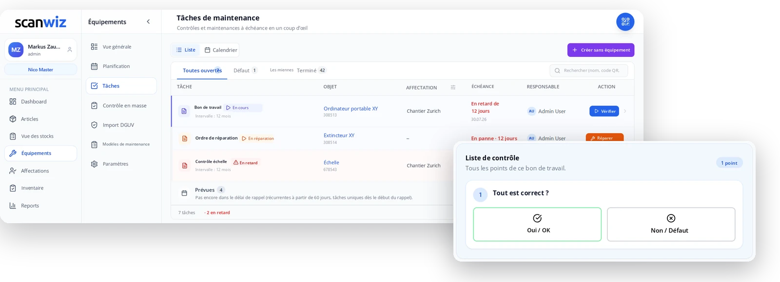Logiciel de maintenance Scanwiz : contrôles et tâches à échéance en un coup d’œil, avec la liste de contrôle sur smartphone