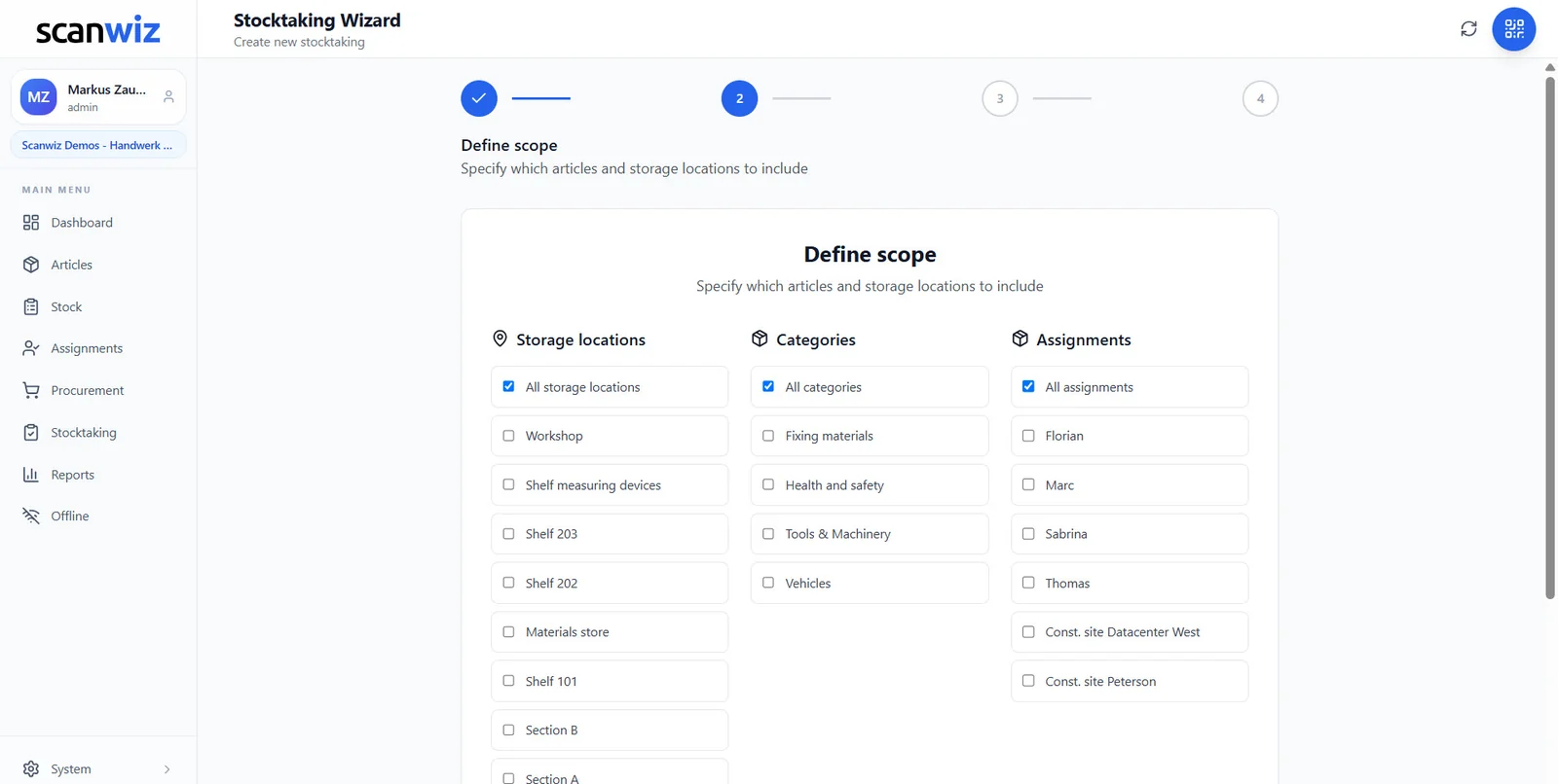 Stocktaking wizard step 2 in Scanwiz: defining the scope with storage locations, categories and assignments