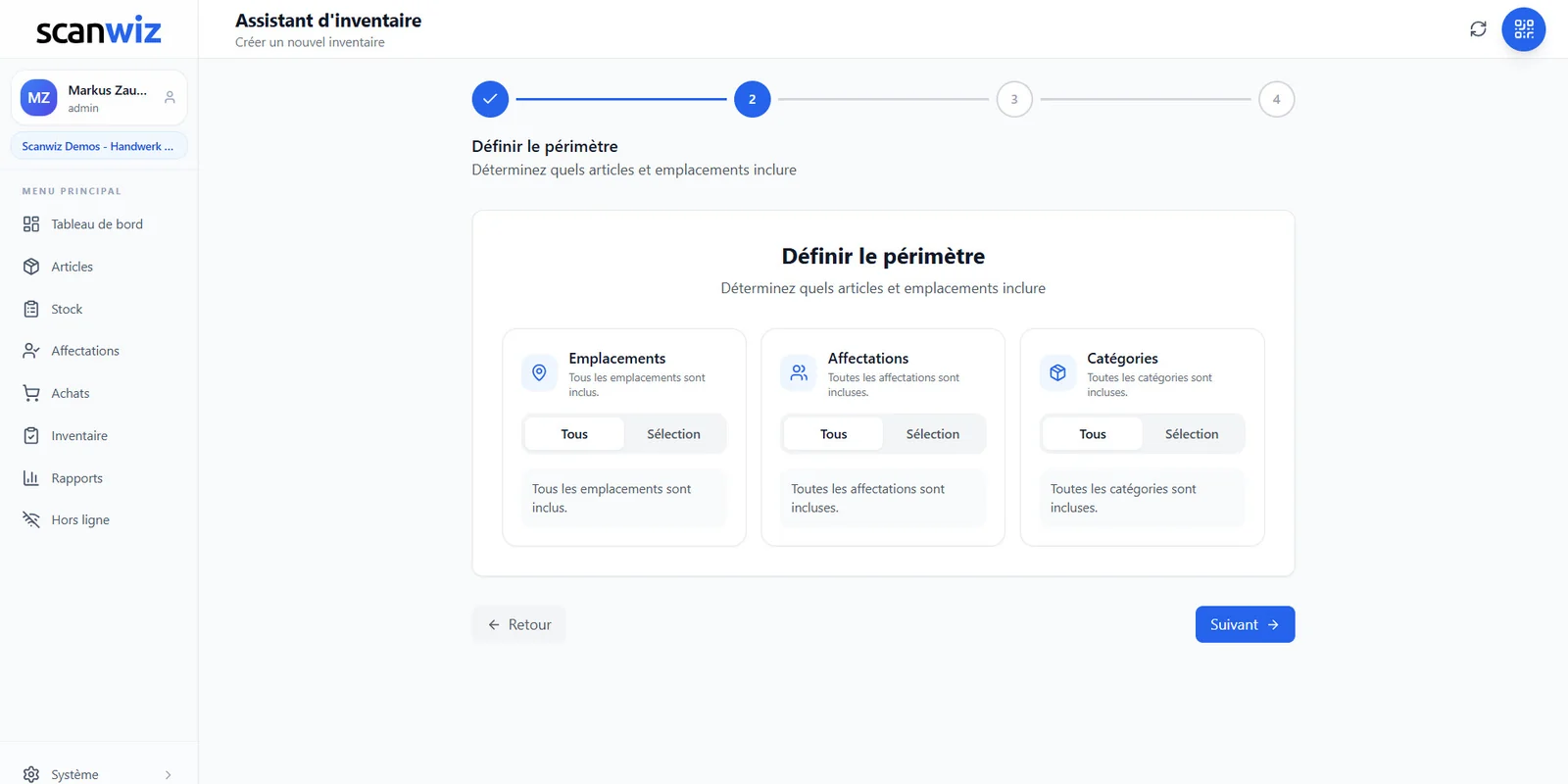 Assistant d’inventaire étape 2 dans Scanwiz : définition du périmètre avec emplacements, affectations et catégories