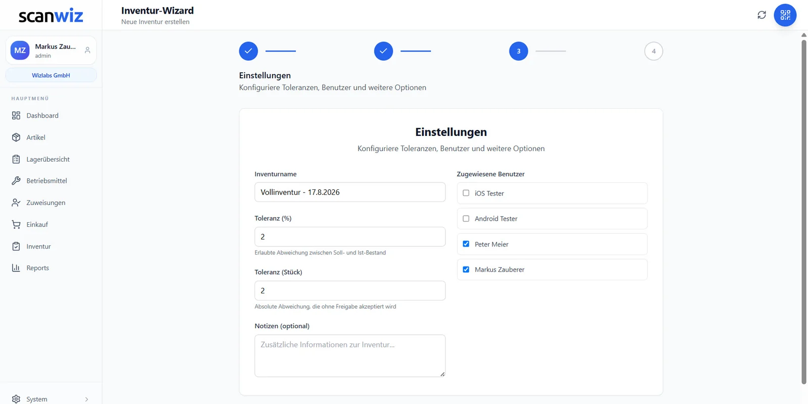 Inventur-Wizard Schritt 3 in Scanwiz: Einstellungen mit Toleranz in Prozent und Stück, Inventurname, Notizen und zugewiesenen Benutzern