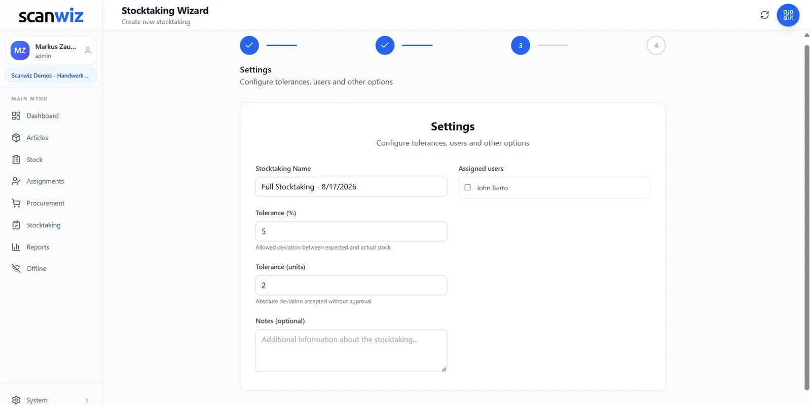 Stocktaking wizard step 3 in Scanwiz: settings with tolerance in percent and units, stocktaking name, notes and assigned users