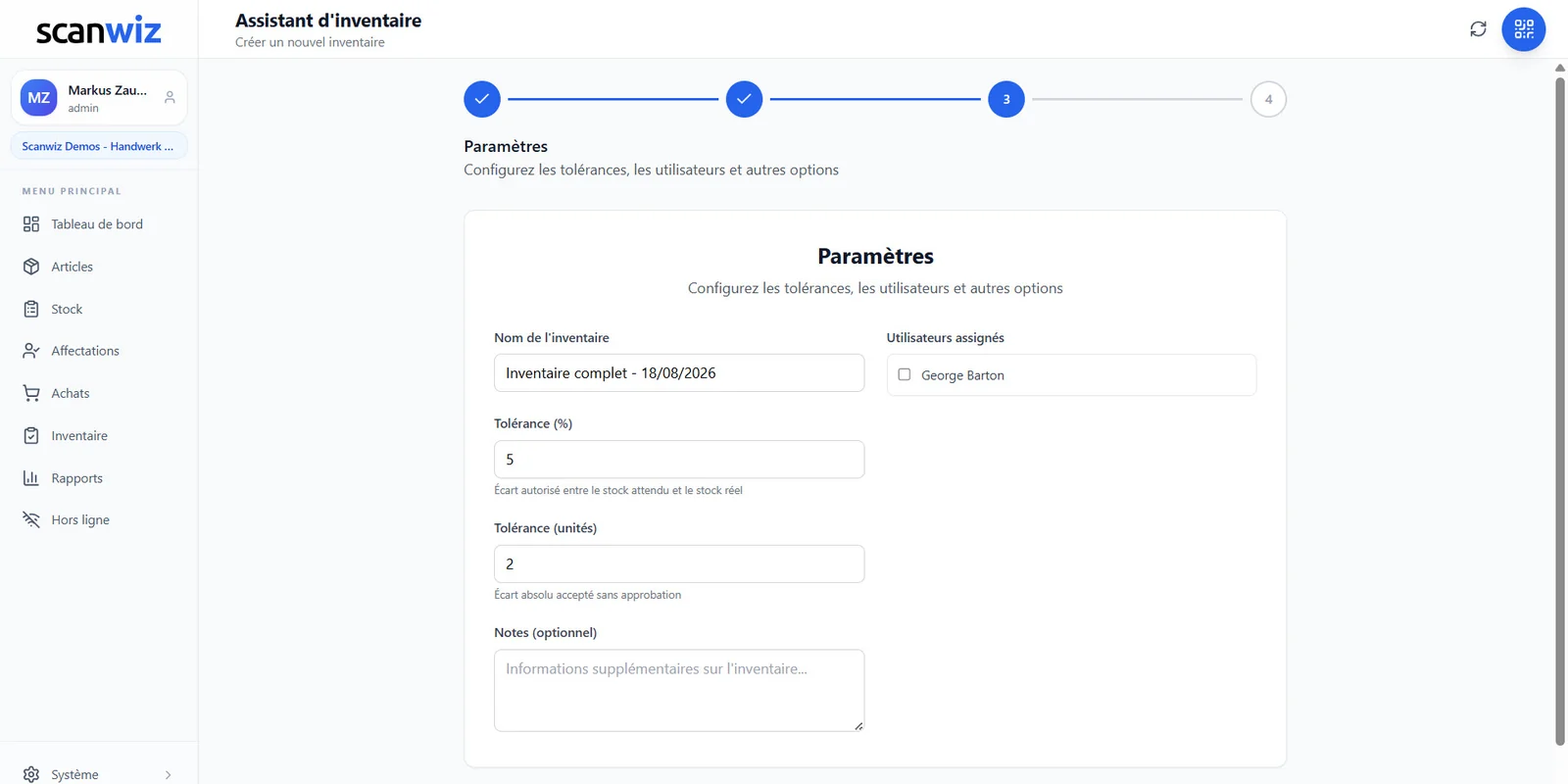 Assistant d’inventaire étape 3 dans Scanwiz : paramètres avec tolérance en pourcentage et en unités, nom de l’inventaire, notes et utilisateurs assignés