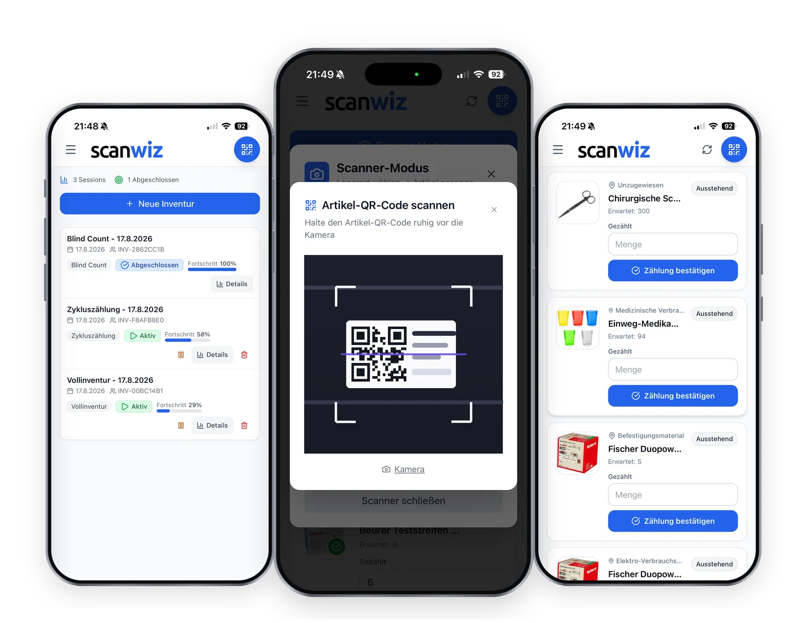 Inventur auf dem Smartphone: Übersicht der laufenden Inventuren mit Fortschrittsanzeige, Scanner-Modus mit QR-Code im Sucher und Zählliste mit erwarteter Menge und Bestätigung