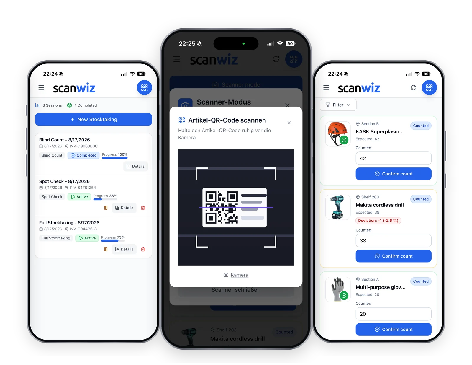 Stocktaking on a smartphone: overview of running stocktakings with progress bars, scanner mode with a QR code in the viewfinder, and the counting list with expected quantity, deviation and confirmation