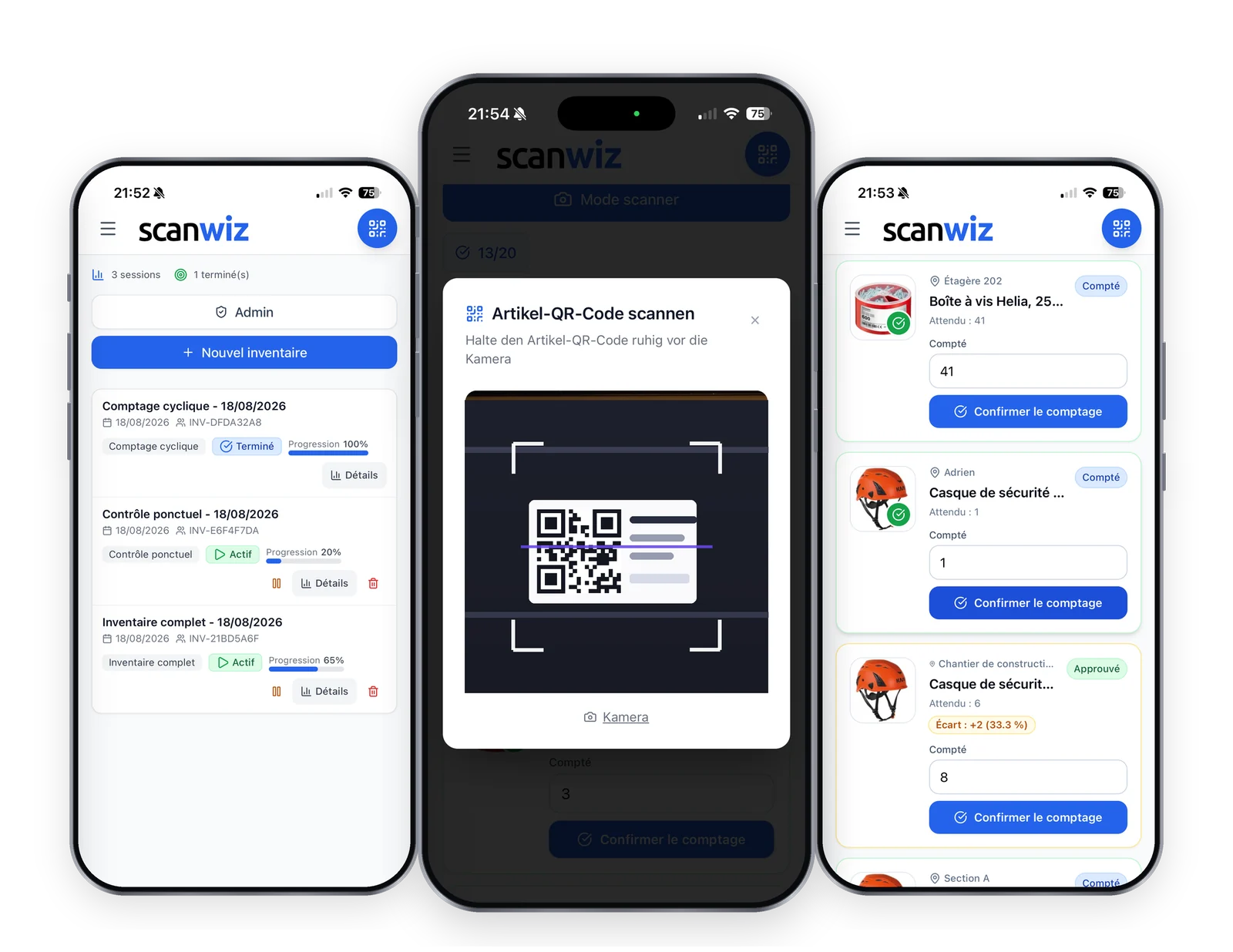 Inventaire sur smartphone : aperçu des inventaires en cours avec barres de progression, mode scanner avec un code QR dans le viseur, et liste de comptage avec quantité attendue, écart et confirmation